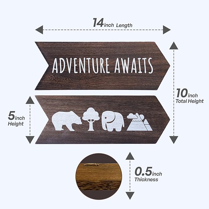 Nursery Wall Decor - 2 Pcs Wood Adventure Awaits Sign, Baby Elephant Nursery Decor For Kids Room, Safari Theme Woodland Decorations, Bear Mountain Cabin Wall Decor Art, 14 x 10 inch