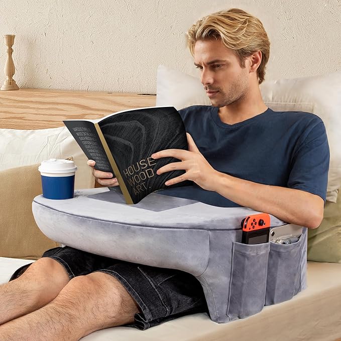 DELLAN Reading Pillow for Bed, Gaming Pillow for Lap, Memory Foam Lap Desk Pillow with Arm Rest for Adult