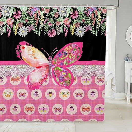 Feelyou Butterfly Shower Curtain 72"x78" Botanical Floral Flower Printed Bathroom Shower Curtain Set for Boys Girls Teens Black Pink Bath Curtain Garden Animal Natural Theme Bathroom Accessories