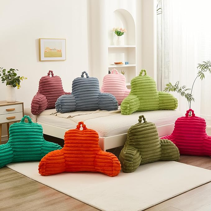 Faux Fur Fluffy Orange Reading Pillow with Pockets, Luxury Striped Plush Decorative, Arm Rests and Back Surport for Bed Rest, Lounging on sofa, Standard