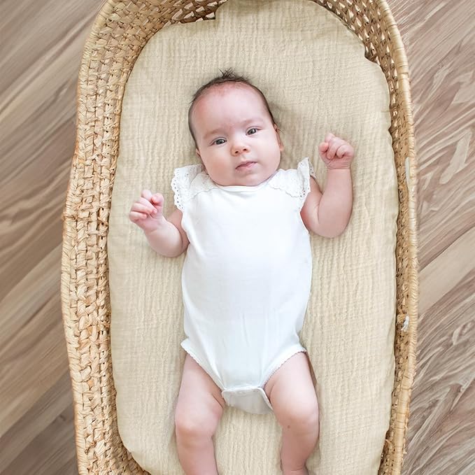 Muslin Bassinet Fitted Sheets, 2 Pack for Baby Boy and Girl, Soft Breathable Baby Pad/Mattress Sheet, Fit for Hourglass Oval and Rectangle Bassinet Mattress (Gentle Colors, Bassinet Sheets 2 Pack)