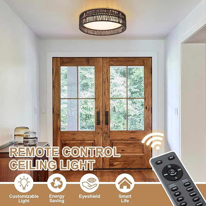 SineRise 12" Flush Mount Ceiling Light,25W LED Rattan Ceiling Light Fixture,Dimmable Handmade Boho Light Fixtures with Rattan,Farmhouse Lighting Fixtures Ceiling for Hallway Kitchen Bedroom(Black)