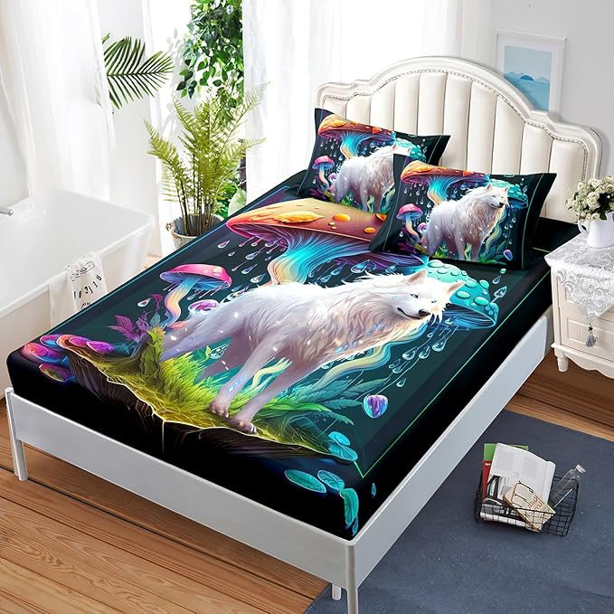 AILONEN White Wolf Fitted Sheet Set Twin Size, Cartoon Mushroom and Cute Wolf Bed Sheet Set,3 Pieces Rain Mushroom Fitted Sheet with 2 Pillowcases for Boys Girls