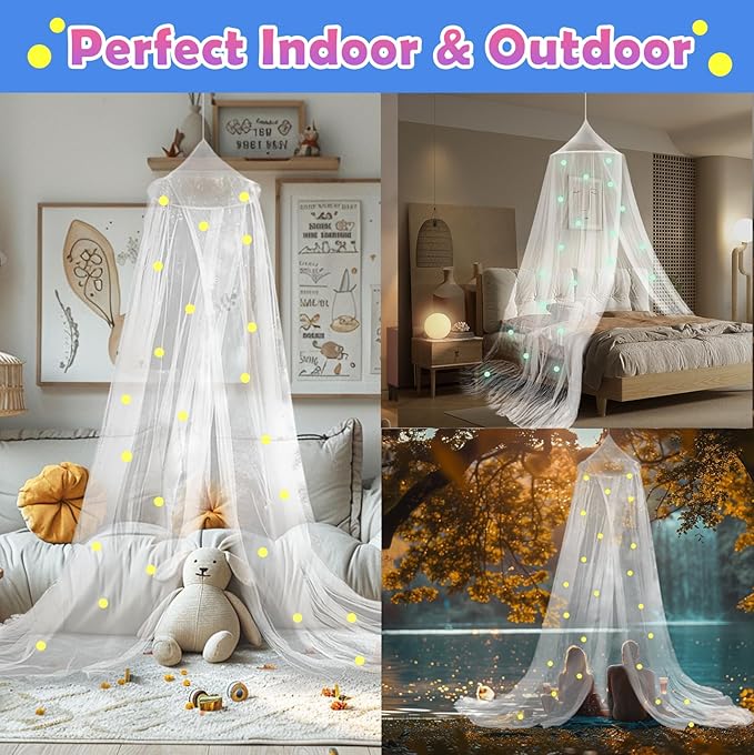 Daksha White Princess Bed Canopy for Girls with Glowing Dots, Ceiling Tent for Kids, Fits Twin, Full, and Queen Size Beds, Suitable for Indoor Room Decor and Outdoor Use