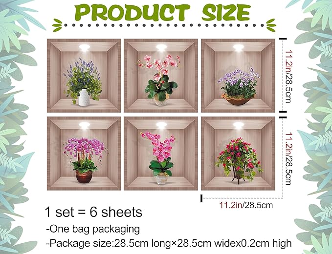 DTLIFEK 3D Green Plants Wall Decals 3D Flowers Vase Wall Sticker Green Pot Plants Wall Decor Colorful Floral Blossom Botanical Wall Panels Removable Peel and Stick Wallpaper for Bedroom Kitchen 39090