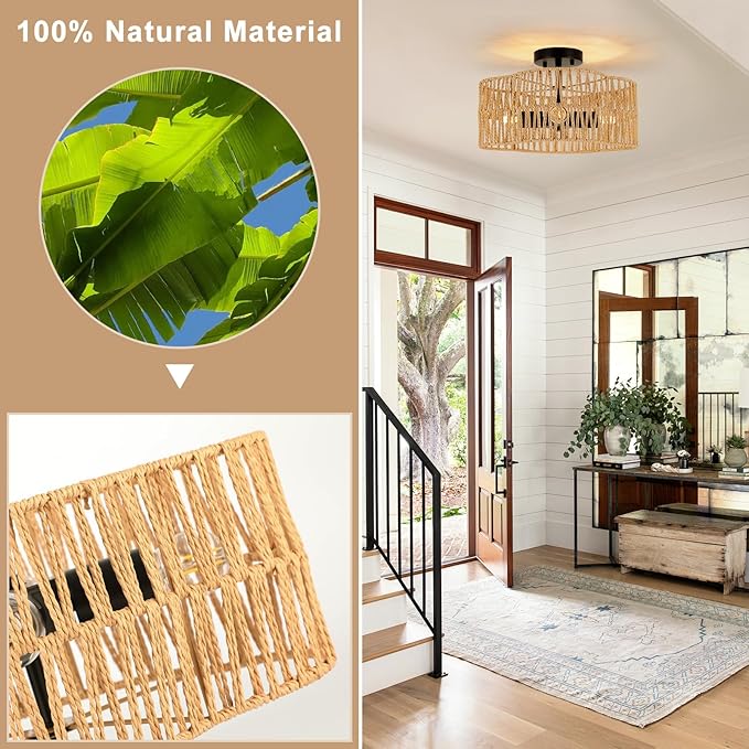 Boho Light Fixtures Ceiling Mount, 4-Light Farmhouse Rattan Ceiling Light Fixture, Semi Flush Mount Ceiling Light with Hand-Woven Shade, Modern Chandelier for Living Bedroom Kitchen Nursery