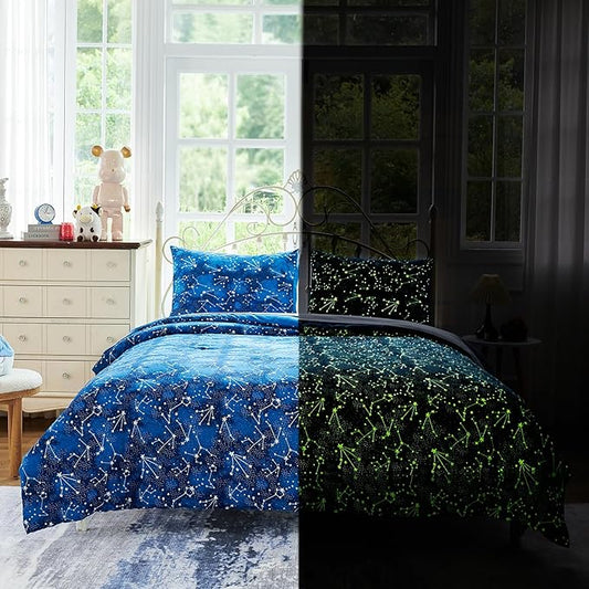 Twin Comforter Sets for Boys Girls by Coukouchyi, Glow in The Dark Kids Bedding Sets, 4 Pcs Twin Bed in a Bag with Comforter, Sheets, Pillow Sham, Galaxy