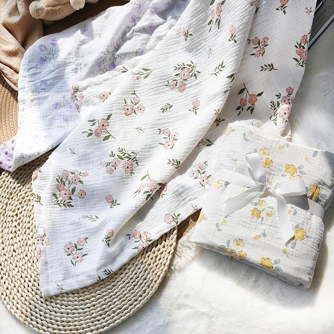 Muslin Baby Blankets for Girls Super Soft Nursery Minky Blankets with Breathable Muslin Cotton Front and 3D Touch Dotted Fleece Backing, Pink Floral Printed Bed Throws Newborn