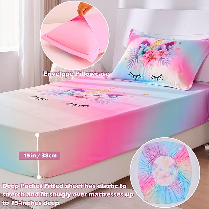 VIVILINEN Twin Size Sheet Set 3 Piece Rainbow Unicorn Kids Bed Sheets Set for Girls Kids Bedding Sheets Toddler Twin Bedding Set Include Flat Sheet, Deep Pocket Fitted Sheet and Pillowcase