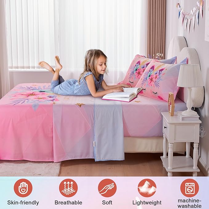 VIVILINEN Full Size Sheet Set 4 Piece Kid Sheets Set for Girls Pink Unicorn Full Bed Sheets Set for Teens Bedding Set Include Flat Sheet, Deep Pocket Fitted Sheet and Pillowcase