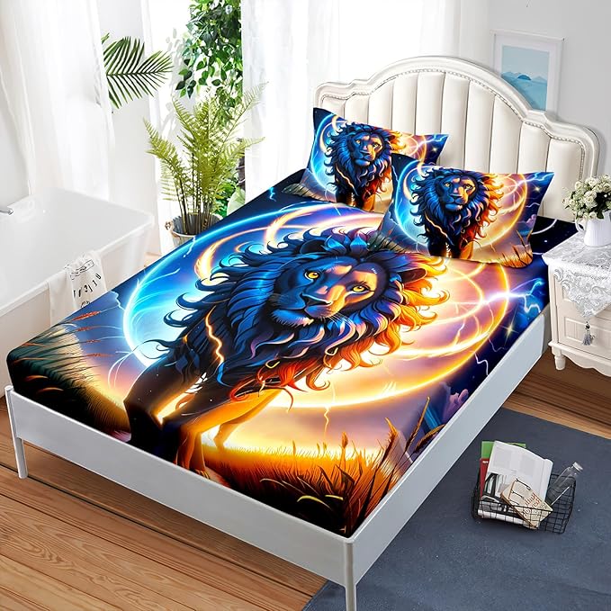 AILONEN Lion Fitted Sheet Set Twin Size, Constellation Lightning Lion Bed Sheet Set for Boys Girls,Blue Sky Starry Animal Lion Breathable Fitted Sheet and 2 Pillowcases,3 Pieces