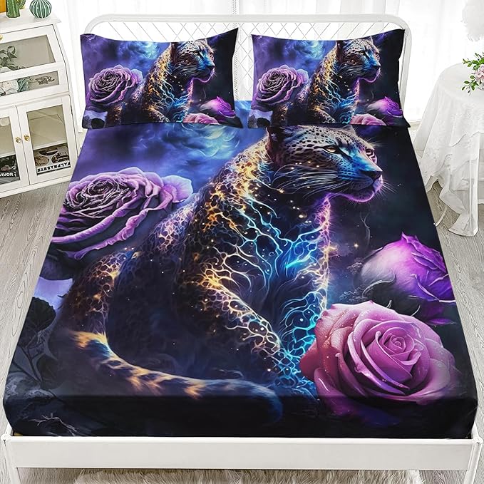 AILONEN Leopard Fitted Sheet Set Queen Size, Purple Flower and Cheetah Bed Sheet Set Leopard Print Fitted Sheet with 2 Pillowcases,3 Pieces Leopard Sheets Set for Boys Girls