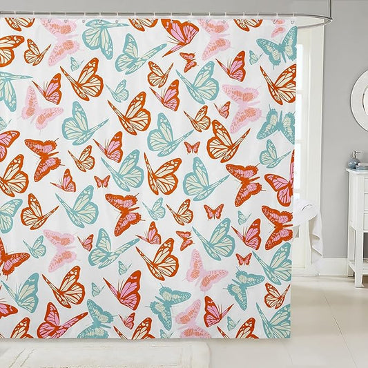 Feelyou Butterfly Bath Curtain Butterflies Print Shower Curtain Girl Butterfly Bathroom Shower Curtain Set for Kids Boys Girls Beautiful Butterfly Kids Bathroom Accessories 72"x72"