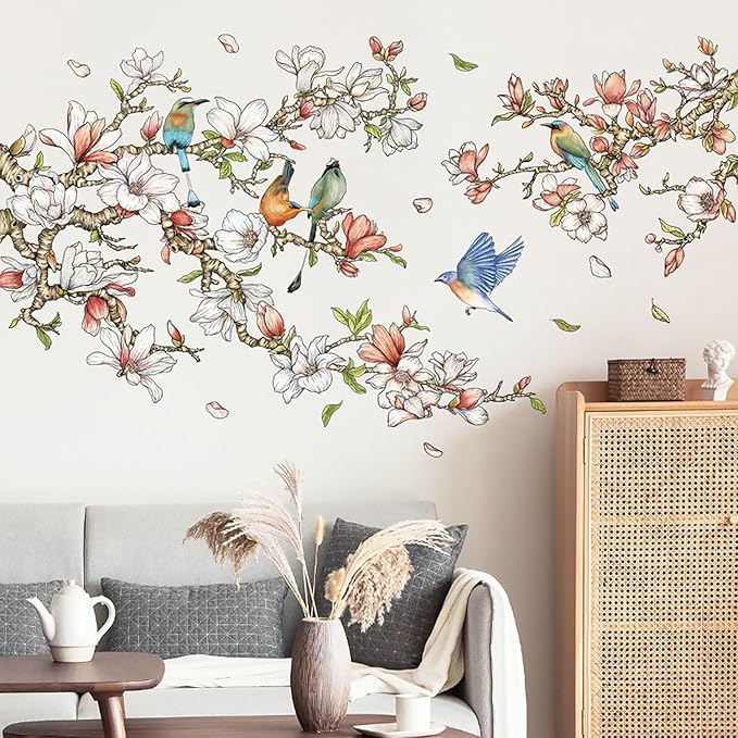 Orchid Blossom Tree Branch Wall Decals Peel and Stick Birds Vinyl Wall Stickers 3D Wall Art Stickers Home Decor for Gilrs Bedroom Nursery Rooms Living Room