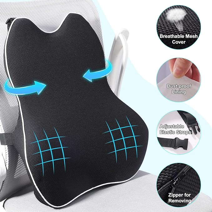 Lumbar Pillow for Car Lumbar Support for Office Chair, Memory Foam Back Cushion with 3D Mesh Cover, Car Seat Back Pillows for Back Pain Relief, Back Support Pillow for Car Truck Computer Desk