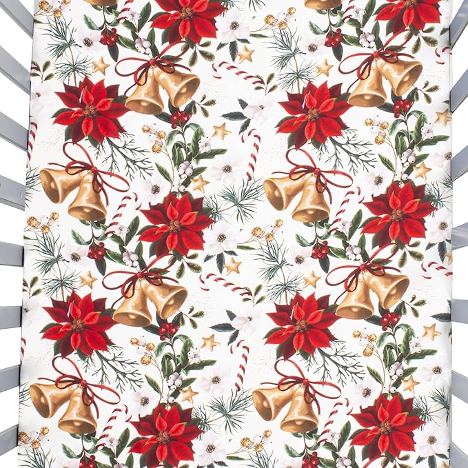 JISEN Baby Crib Sheet 1 Piece Portable Fitted Crib Sheet for Standard Crib and Toddler Mattresses Nursery Bed Decor for Boys Girls 28x52 Inch Christmas Flower