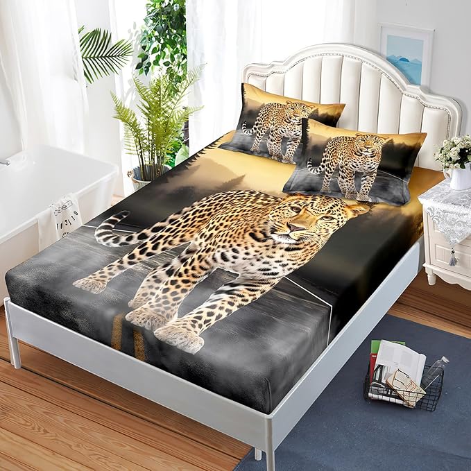 AILONEN Leopard Fitted Sheet Set Queen Size, 3D Cheetah Printed Bed Sheet Set,Wildlife Bedding Leopard Sheet Set,Wild Animal Leopard Bed Sheet Set Boys Fitted Sheet with 2 Pillowcases,3 Pieces