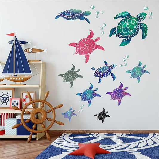 Waterproof Removable Watercolor Turtles Vinyl Wall Decal for Nursery Kidsroom School Classroom Livingroom Bedroom Bathroom Sea Life Sticker in Coastal Ocean Theme