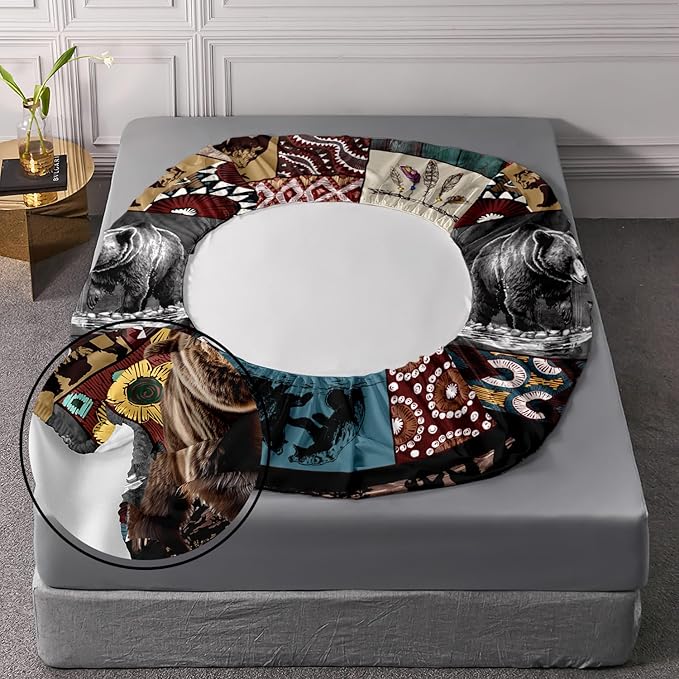 AILONEN Roaring Bear Fitted Sheet Set Twin Size, Rustic Cabin Bed Sheet Set,Wildlife Bedding Grey Bear Plaid Sheet Set,3 Pieces Teen Men Boys Bed Sheet Set,1 Fitted Sheet with 2 Pillowcases