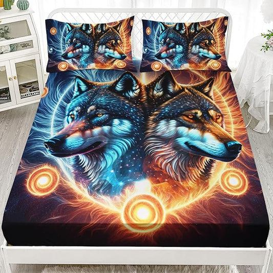 AILONEN Boys Wolf Fitted Sheet Set Twin XL Wolf Bed Sheet Set, Wildlife Animal Theme Fitted Sheet with 2 Pillowcases,3 Pieces Ice and Fire Light Wolves Print Fitted Sheet Set