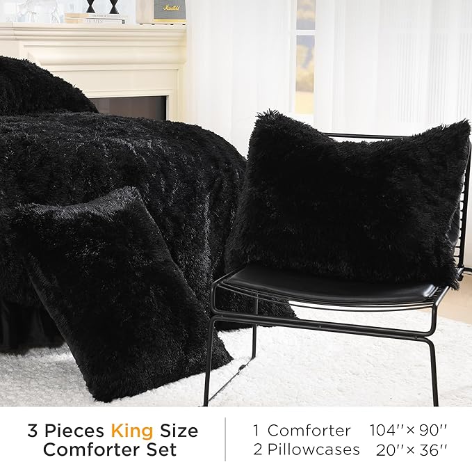 Litanika Black Fluffy Comforter King Size, Luxury Plush Faux Fur Bedding Set for King Bed, Ultra Soft Warm Velvet Fuzzy Comforter 3 Pieces(1 Shaggy Comforter 104×90 Inch, 2 Pillowcases)