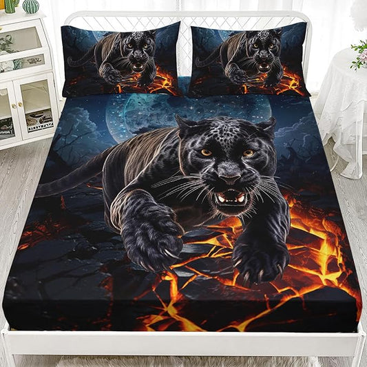 AILONEN Black Panther Fitted Sheet Set Twin Size,Safari Cheetah Leopard Print Bed Sheet Set,Magic Moon Animal Theme Leopard Fitted Sheet with 2 Pillowcases,3 Pieces Boys Twin Bed Sheet Set