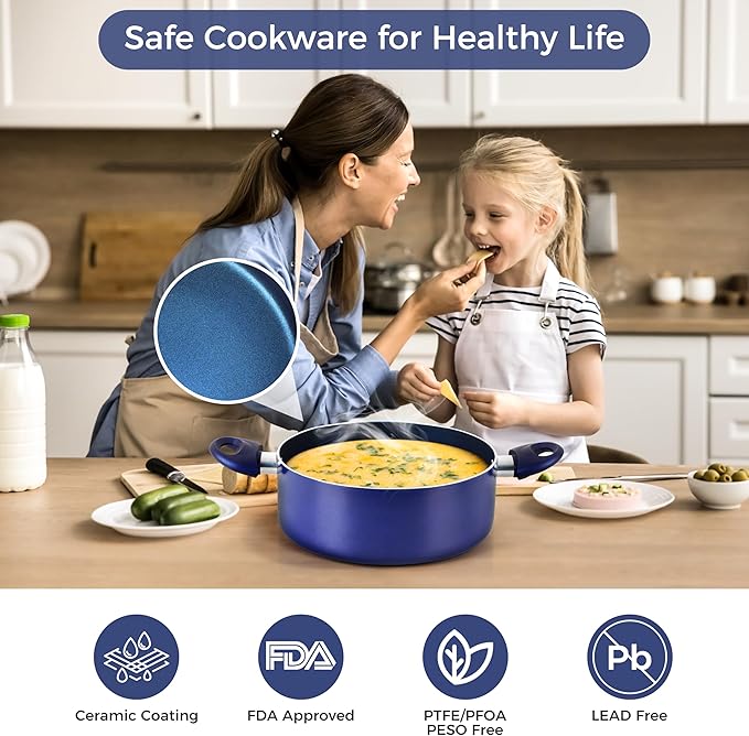 Clockitchen Non Stick Pots and Pan Set, Ceramic Cookware Set with Stay-Cool Handles, 10pcs Blue Induction Cooking Set Suitable for Gas, PFOA Free