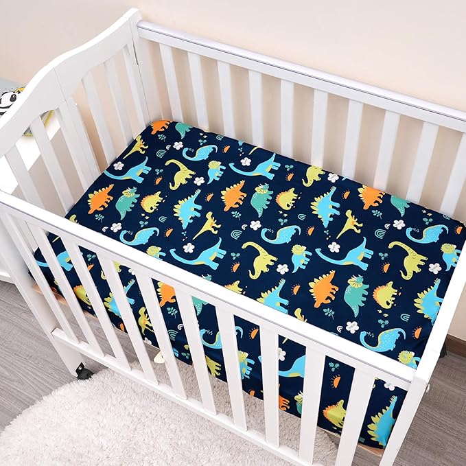 PHF Soft Mini Crib Sheet Set, 2 Pack Silky Comfy Pack N Play Sheets for Boys Girls, Universal Fit for Pack N Play, Playard and Mini Crib Mattresses, Dinosaur