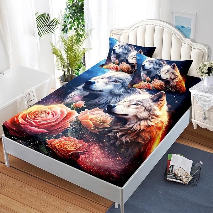 AILONEN Wolf Fitted Sheet Set Queen Size, Red Floral Flower and Wolves Animals Bed Sheet Set,3 Pieces Safari Wolf Bed Sheet Set for Boys Girls,1 Fitted Sheet with 2 Pillowcases
