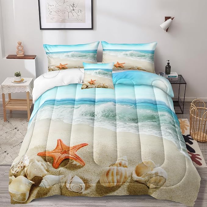Bedbay Seashell Comforter Coastal Bedding Comforter Set Twin Size Boys Girls Beach Theme Bedding Set Beach Room Decor Starfish Seashore Beach Quilt Set 3 Pcs (Conch,Twin)