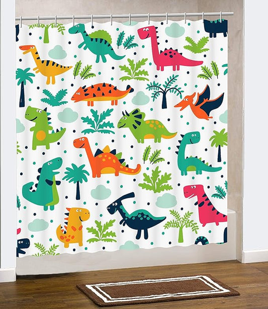 Tropical Dinosaur Shower Curtain. Colorful Dinosaur Theme will add an Element of Fun to your Master, Guest, Kids, Boys, College Dorm Bathroom.