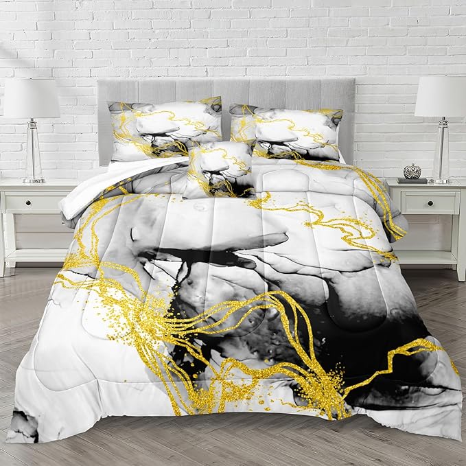 Bedbay Marble Comforter Set King Size Watercolor Bedding Black and Gold Bedding Duvet Set Abstract Marble Texture 4 Pieces Soft Microfiber Lightweight Down Alternative Comforter(Ink,King) 