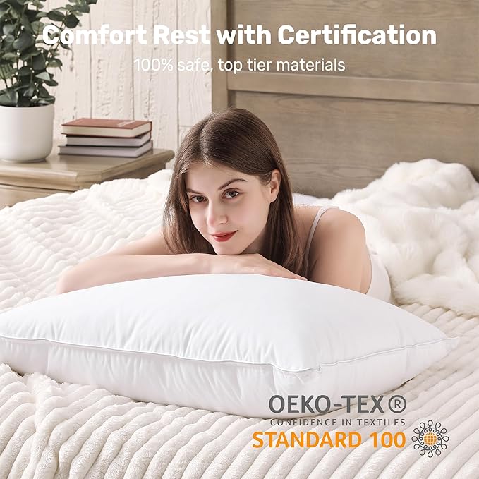 UNIKOME Hotel Collection Luxury Bed Pillows - 100% Cotton Queen Size Set of 2 Down Alternative Pillow Bedding Ultra Soft & Fluffy Pillow for Back, Stomach or Side Sleepers