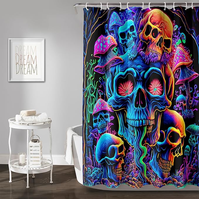 AILONEN Mushroom Skull Shower Curtain for Bathroom,Purple Mushroom Skull Bath Curtain,Fantasy Fairy Skull Skeleton Decoration Bathroom Waterproof Shower Curtain with 12 Plastic Hooks, 72" W*78" H