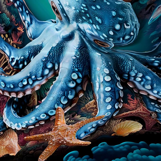 AILONEN Cartoon Blue Octopus Shower Curtain for Bathroom,Funny Octopus Bath Curtain for Kids,Boys,Girls,Ocean Animal Starfish Theme Waterproof Fabric Shower Curtain Set with Hooks,36" W*72" H