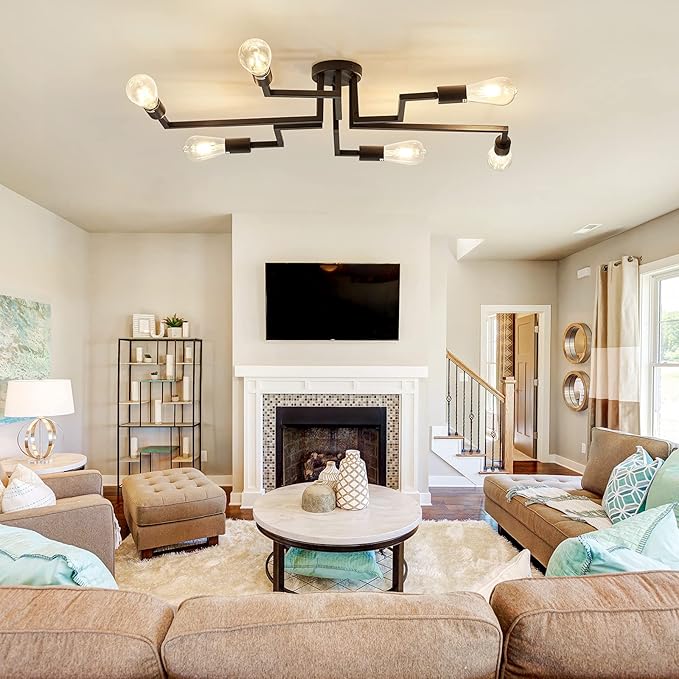 ZGLAOJT 6- Lights Ceiling Light Fixture,Vintage Semi Flush Mount Ceiling Light,Black Chandelier for Dining Room Living Room Kitchen Farmhouse.