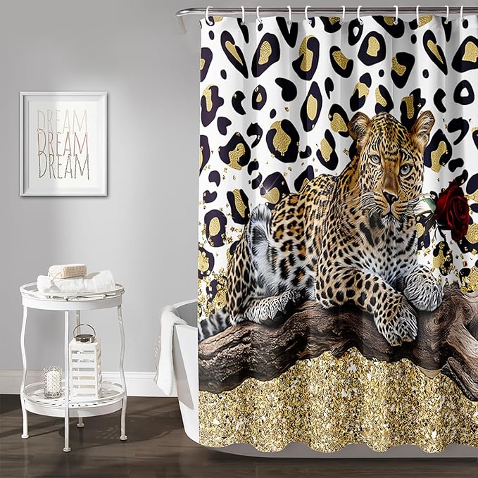 AILONEN Leopard Shower Curtains for Bathroom,Rose Leopard Bath Shower Gifts for Lover,Wild Animal Curtains Polyester Waterproof with 12 Plastic Hooks 60" W*72" H