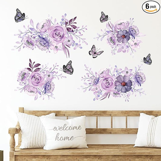Zonon Flowers Wall Decals Vinyl Dragonflies Flowers Wall Stickers Removable Floral Wall Murals Peel and Stick Colorful Flower Wall Decor for Bedroom Living Room Nursery(Flower and Butterfly)