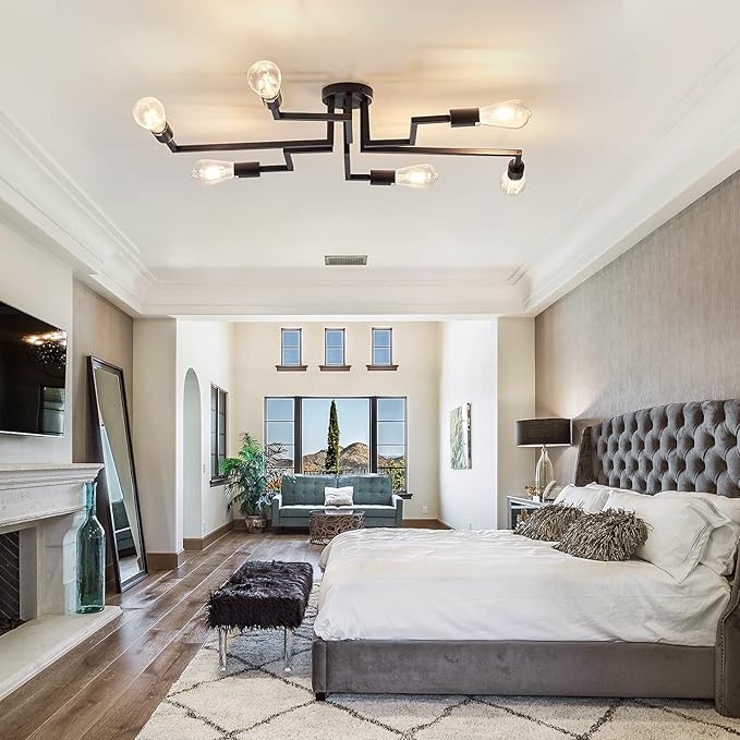 ZGLAOJT 6- Lights Ceiling Light Fixture,Vintage Semi Flush Mount Ceiling Light,Black Chandelier for Dining Room Living Room Kitchen Farmhouse.