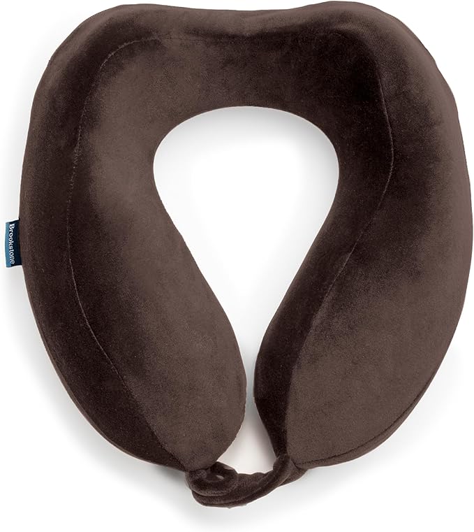 Brookstone Contoured Memory Foam Head and Neck Travel Pillow Ergonomic and Lightweight, Size One Size, Velvet Brown