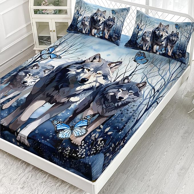 AILONEN Wolf Fitted Sheet Set Twin XL Size for Boys Girls Animal Wolf Wildlife Bed Sheet Set,Tie Dye Wolf Fitted Sheet with 2 Pillowcases,3 Pieces Safari Wolves Print Bed Sheet Set