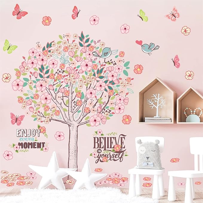 Large Pink Flowers Tree Wall Decals Spring Tree Wall Stickers Baby Girls Room Decor Believe Inspirational Quotes Wall Decals Peel and Stick Cherry Blossom Decals for Bedroom Nursery Living Room Decor