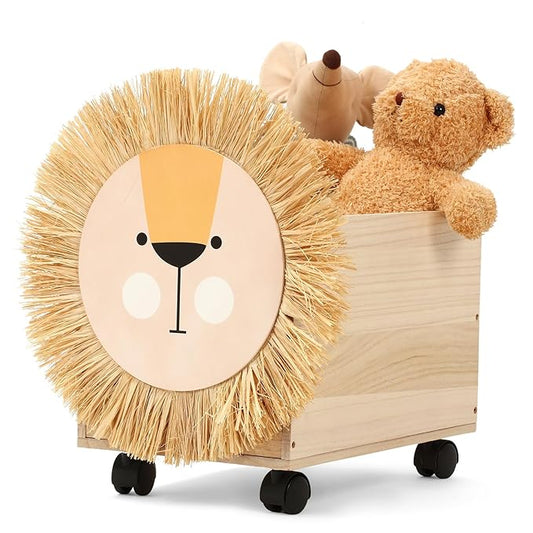 Kids Toy Box Storage Wooden Toy Chest Toy Organizers for Boys Girls Toy Box with Wheels 16x 10 x 10 Inch Lion Toy Storage Organizer Nursery Decor for Bedroom Living Room Easy Assembly