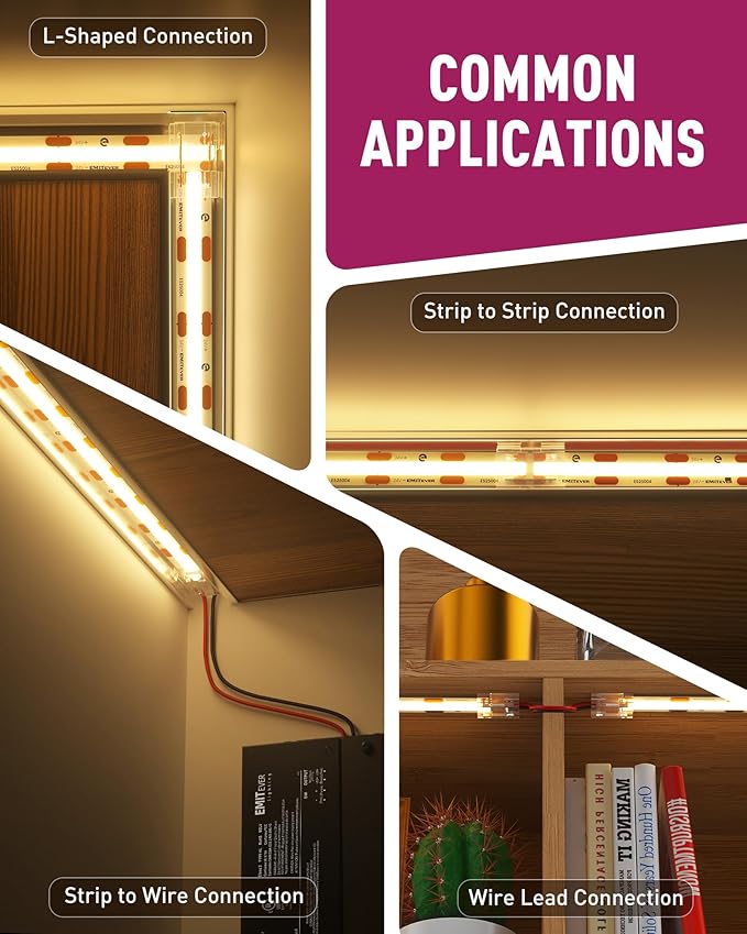 EMITEVER 8-in-1 LED Strip Connectors 12pcs, 2 Pin 8mm COB Tape Lights Terminal Connectors 8 Types Solderless Transparent Connection for 5V 12V 24V(Straight, Corner, Strip to Strip, Strip to Wire)