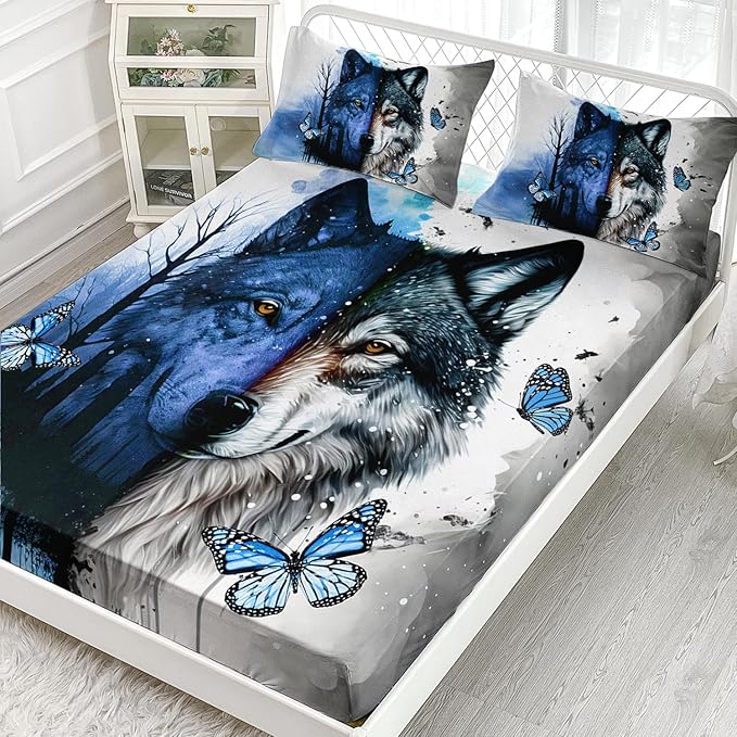 AILONEN Wolf Fitted Sheet Set Queen Size Tie Dye Wolf Sheet Set for Boys Girls,Animal Wolf Wildlife Bed Sheet with 2 Pillowcases,3 Pieces Watercolor Wolf Print Bed Sheet Set