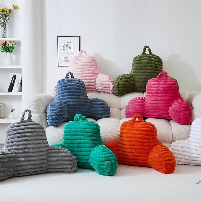 WERDIM Reading Pillow for Sitting in Bed, Faux Fur Back Pillow for Bed Rest, Bed Chair Pillow with Arms and Pockets(Large, White)