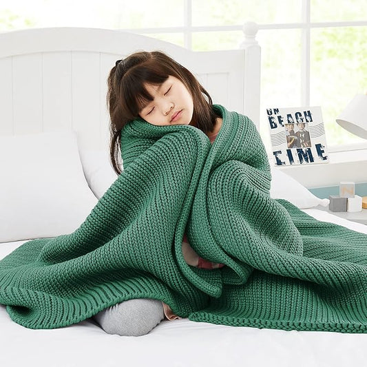 Knitted Weighted Blanket(Green 50"x60" 7lbs),Home Décor Cooling Throw Blanket for Hot Sleepers,Hand Made Chunky Knit Heavy Blanket Use on Twin Size Bed