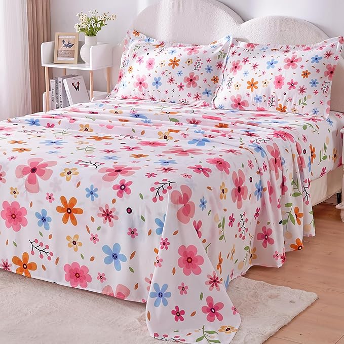 Full Size Bed Sheets Set White Colorful Floral Bed Sheets Girls Cute Microfiber Cooling Sheets 4pcs Kids Full Bed Set Wrinkle Free, 15 inch Deep Pocket Fitted Sheet, Flat Sheet, Pillowcases