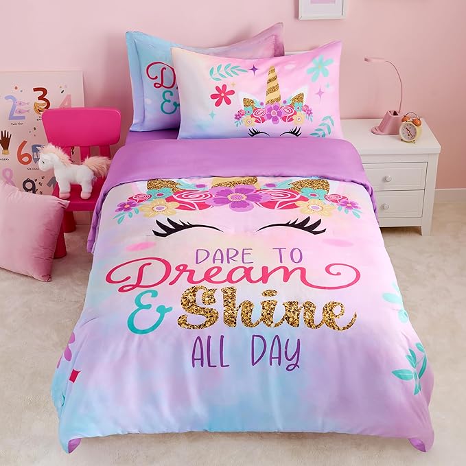 Joiedomi Kid Twin Comforter Set - 5 Piece Unicorn Bedding Set for Boys/Girls - Super Soft Microfiber Bed in a Bag with Comforter, Sheets, Pillowcase & Sham