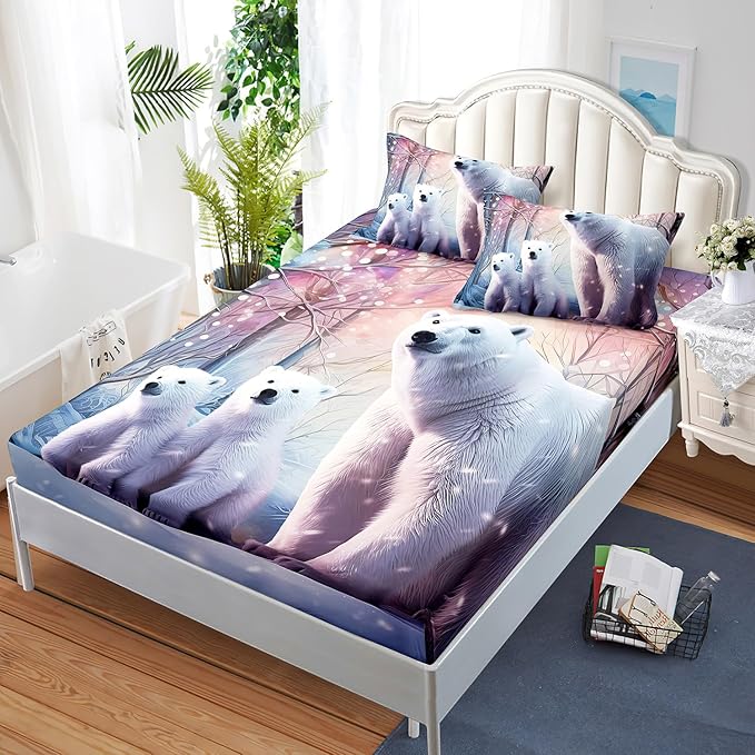 AILONEN Polar Bear Fitted Sheet Set Twin XL Size, Arctic Animals Bedding Winter Snow Bear Kawaii Kids Bed Sheet with 2 Pillowcases,3 Pieces TwinXL Fitted Sheet Set for Girls Boys